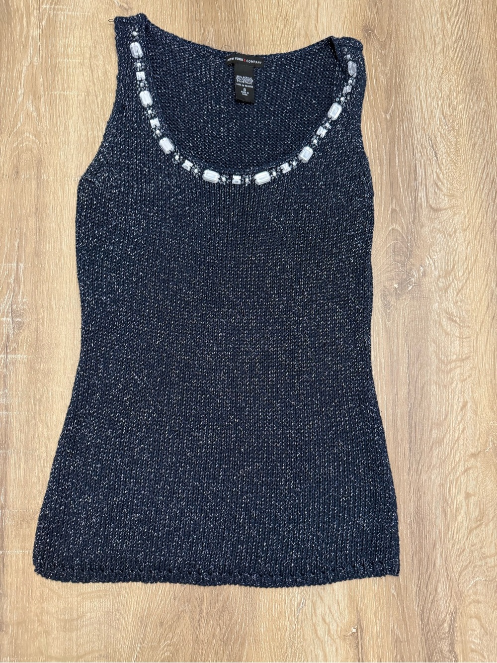 New York & Company Black Knit Tank with White Bead Trim